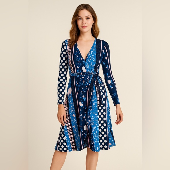Leota Wrap mixed print black blue long sleeve‎ faux wrap dress, women size M - Picture 1 of 13